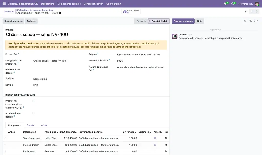 Fiche d'une déclaration de contenu domestique : composants, origines, coûts, taux calculé et seuil applicable à l'année de livraison