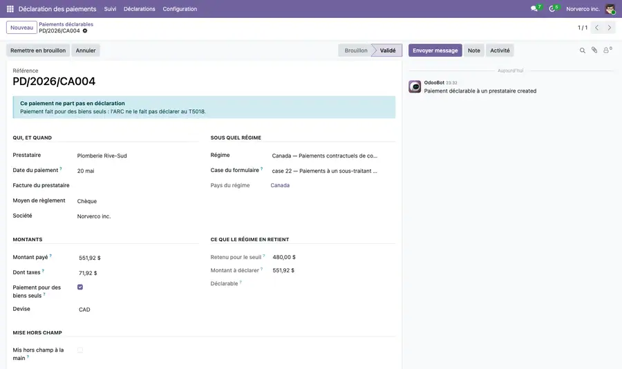 Un paiement mis hors champ avec le motif écrit