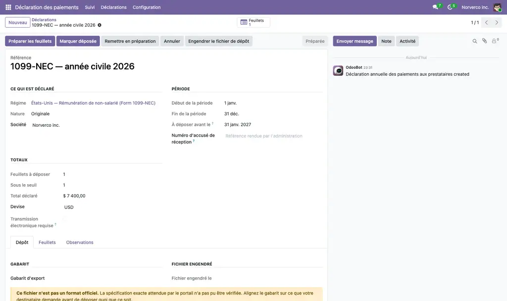 Fiche d'une déclaration annuelle 1099-NEC avec ses feuillets et ses dates limites