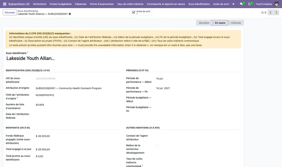 Sous-bénéficiaire et les informations exigées par le 2 CFR 200.332(b)(1)