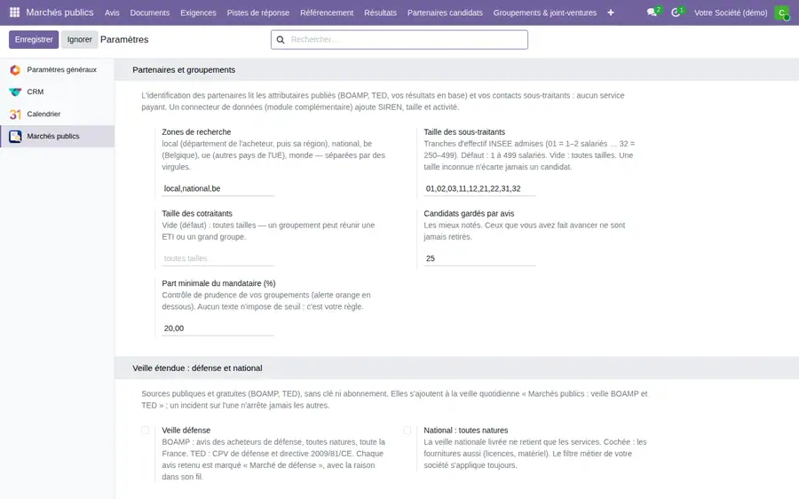 Les réglages : zones de recherche, tailles d'entreprise, nombre de candidats gardés, part