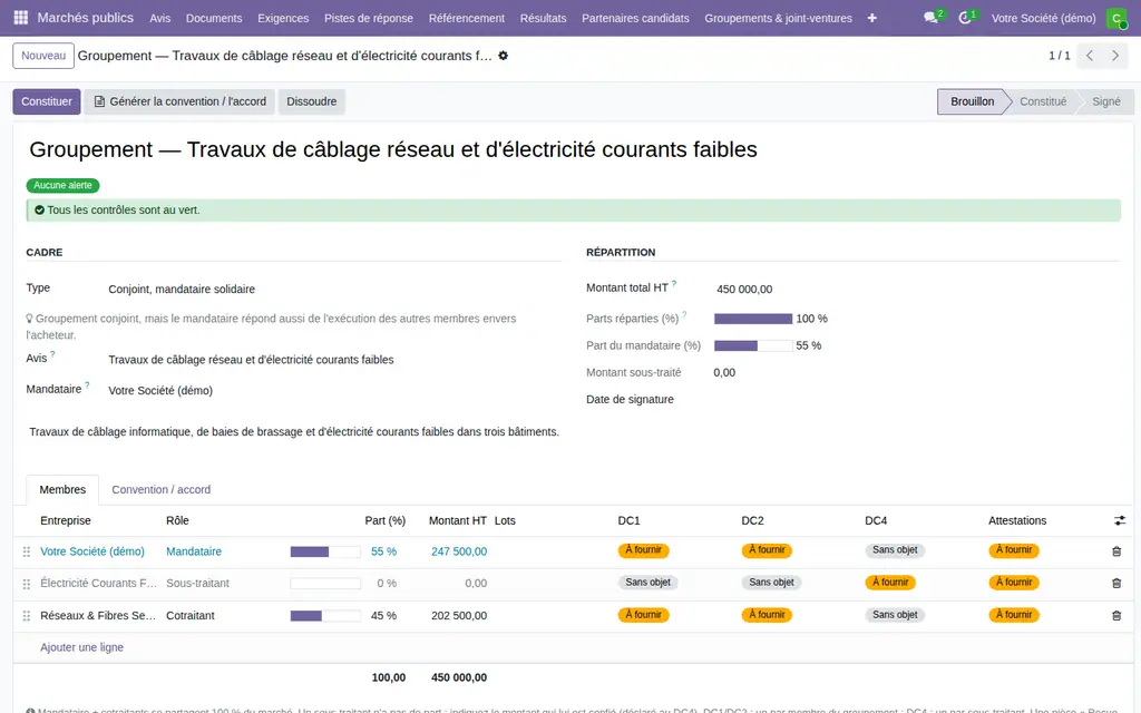 Un groupement conjoint à mandataire solidaire : parts de chaque membre, montants, état des