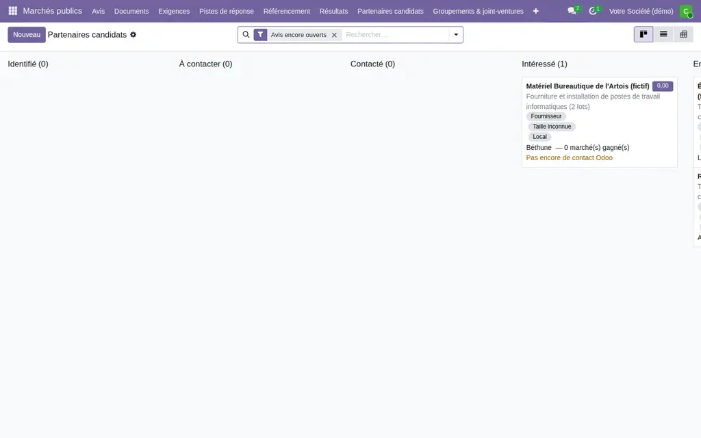 Les partenaires candidats de tous les avis, par statut de consultation.