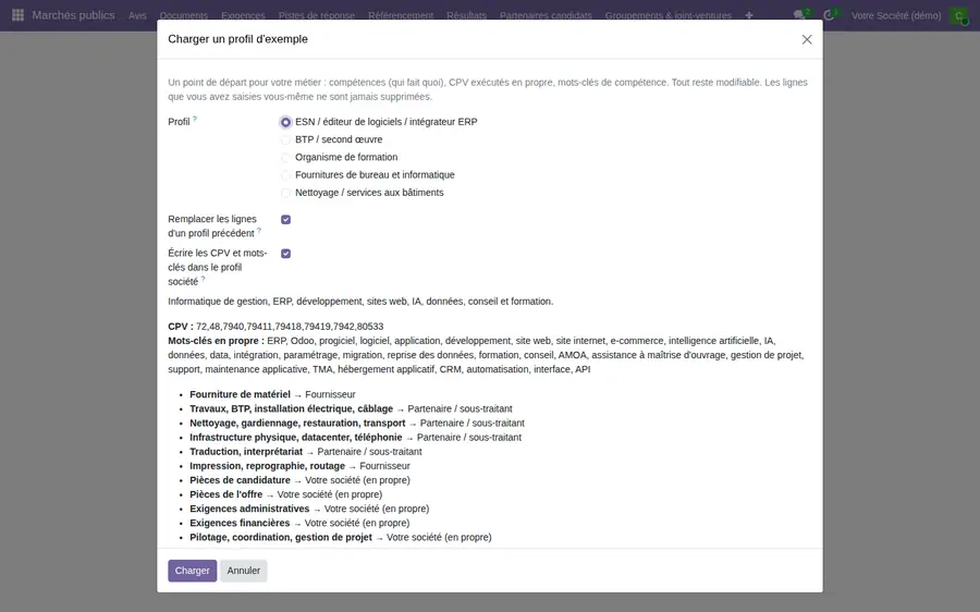 « Charger un profil d'exemple » : ESN, BTP, formation, fournitures, nettoyage — compétence