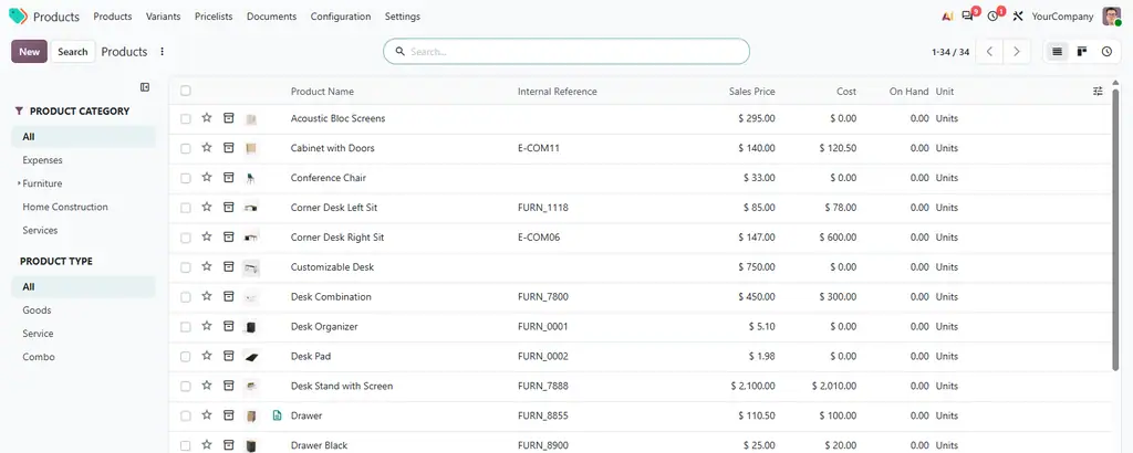 The product list with the search panel and the Search button