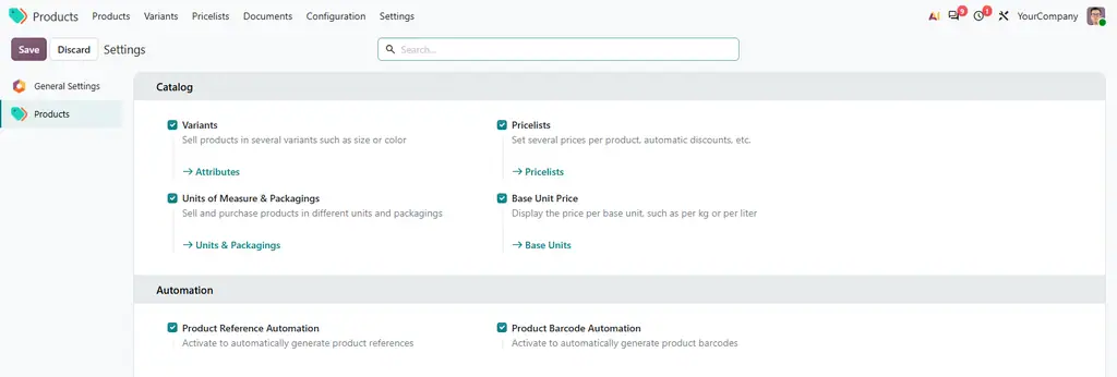 The product settings tab
