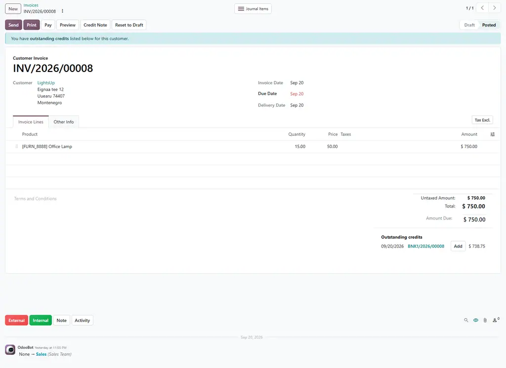 An invoice with the chatter under the record
