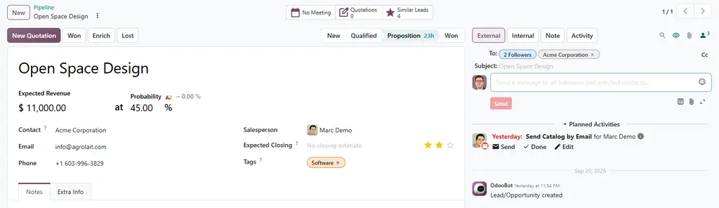 The chatter beside a CRM opportunity with the external composer open