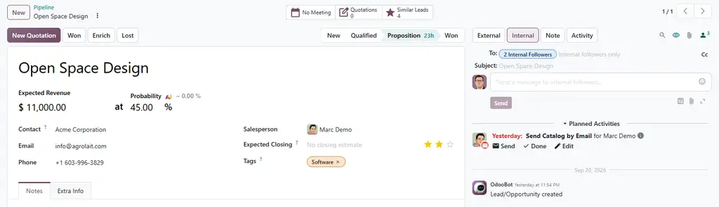 The internal note composer showing the internal followers and a recipients field