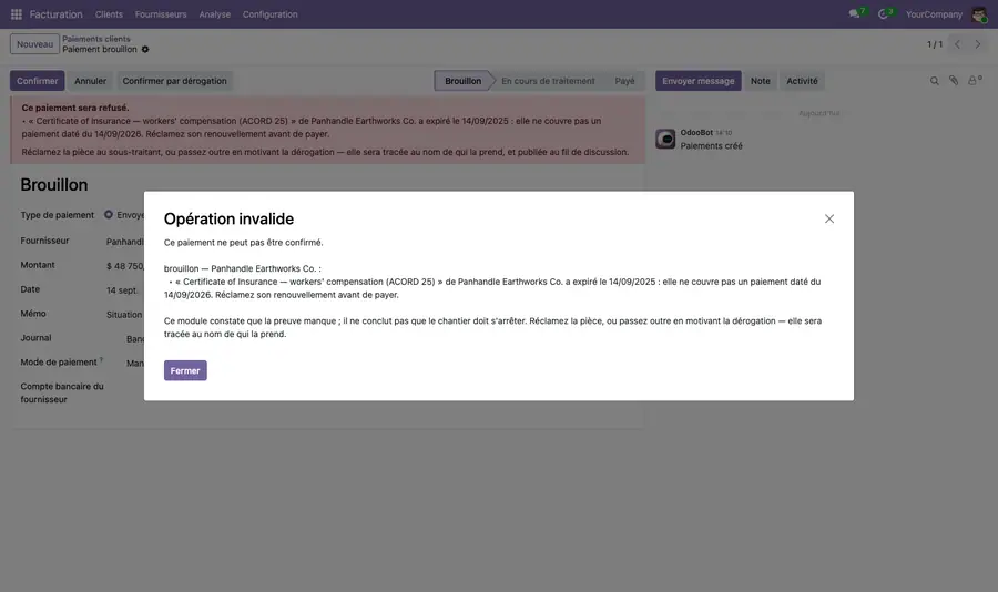 Le paiement refusé, avec le motif en clair