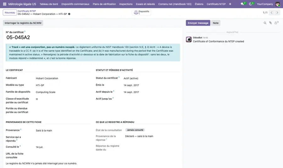 Un certificat NTEP. Le bandeau rappelle que la traçabilité est une con