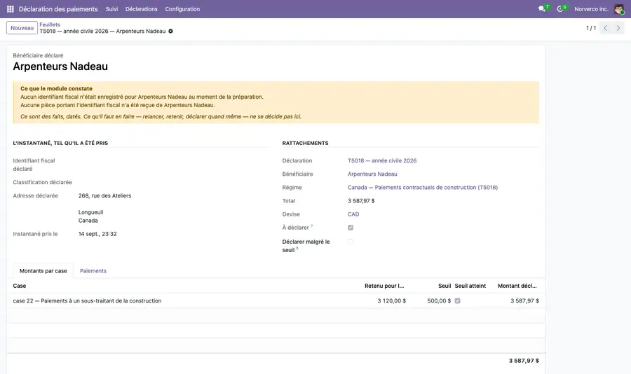 Feuillet T5018 d'un sous-traitant avec son instantané d'identité et son montant de case 22