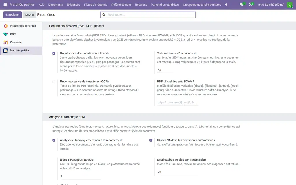 Les réglages : rapatriement après la veille, taille maximale d'un document, OCR facultatif
