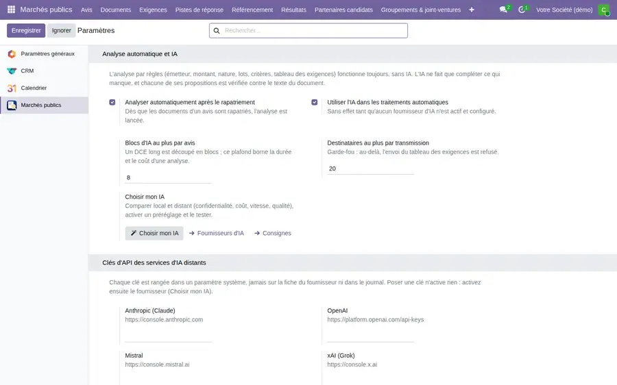 Les réglages : analyse automatique après le rapatriement, usage de l'IA, plafond de blocs 