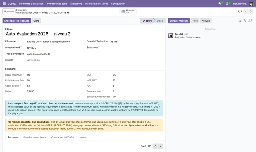Fiche d'une évaluation CMMC de niveau 2 : score calculé, nombre d'exigences non satisfaites, ratio et réserve affichée