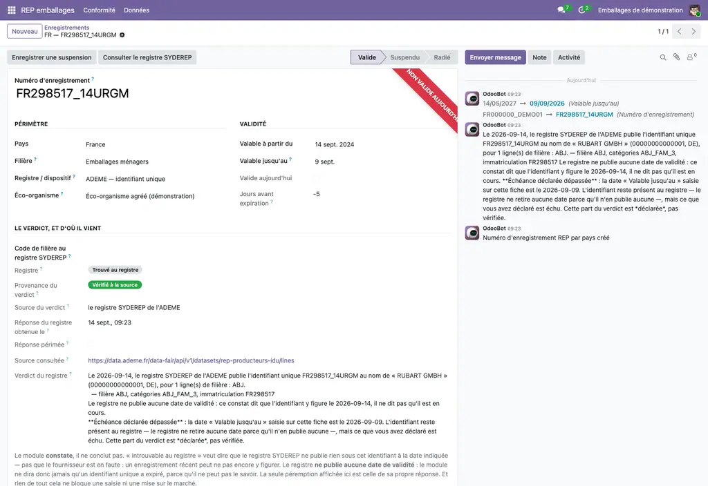 Fiche d'un enregistrement : le verdict du registre SYDEREP, sa source et sa date