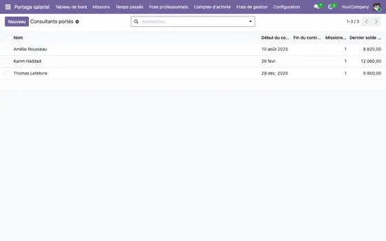 Portage salarial — compte d'activité, frais de gestion, tableau de bord (Odoo Online) — capture 2