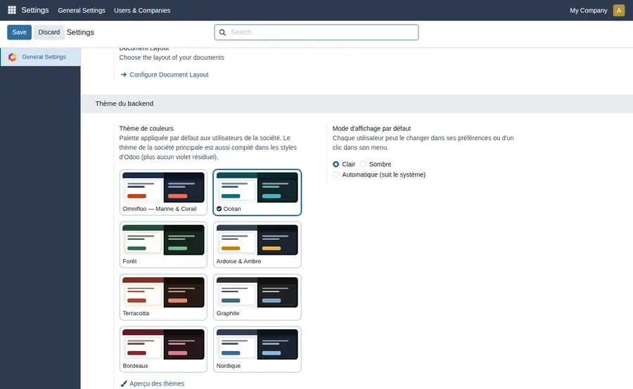 Paramètres généraux, bloc Thème du backend : vignettes des thèmes, mode d'affichage par défaut