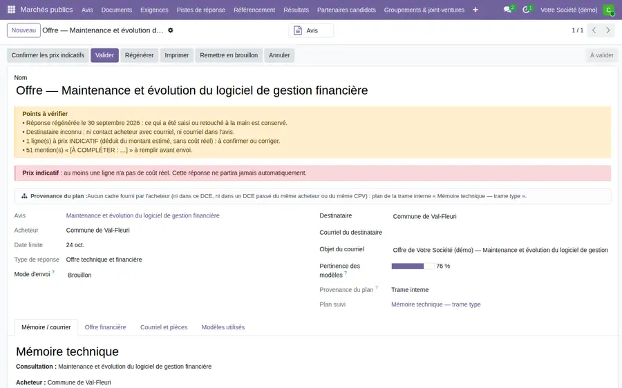 Une offre générée, avec les points à vérifier avant envoi.